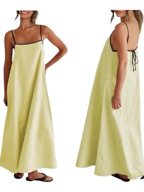 Shy Velvet 100% Linen Maxi Dress M Lime Green Open Back Tie Resort Beach Coastal